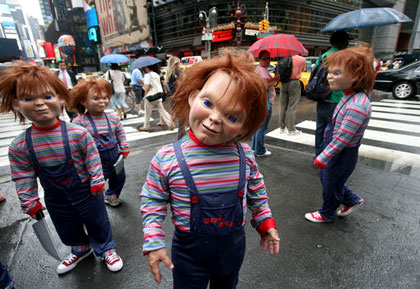 Living Chucky dolls invade Times Square to promote the release of Child's